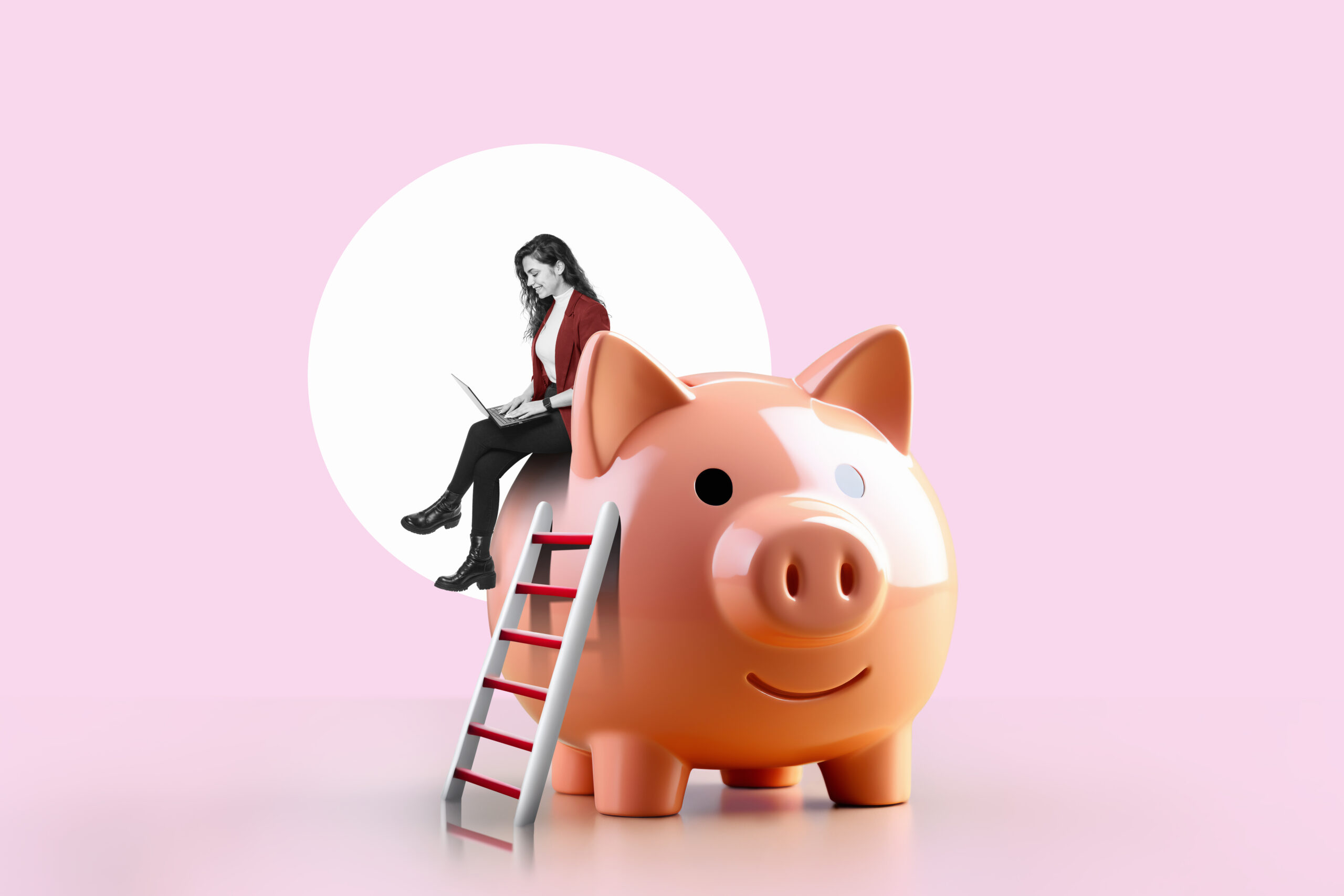 woman sat on top of a piggybank with a ladder. transform your finances as a single mum