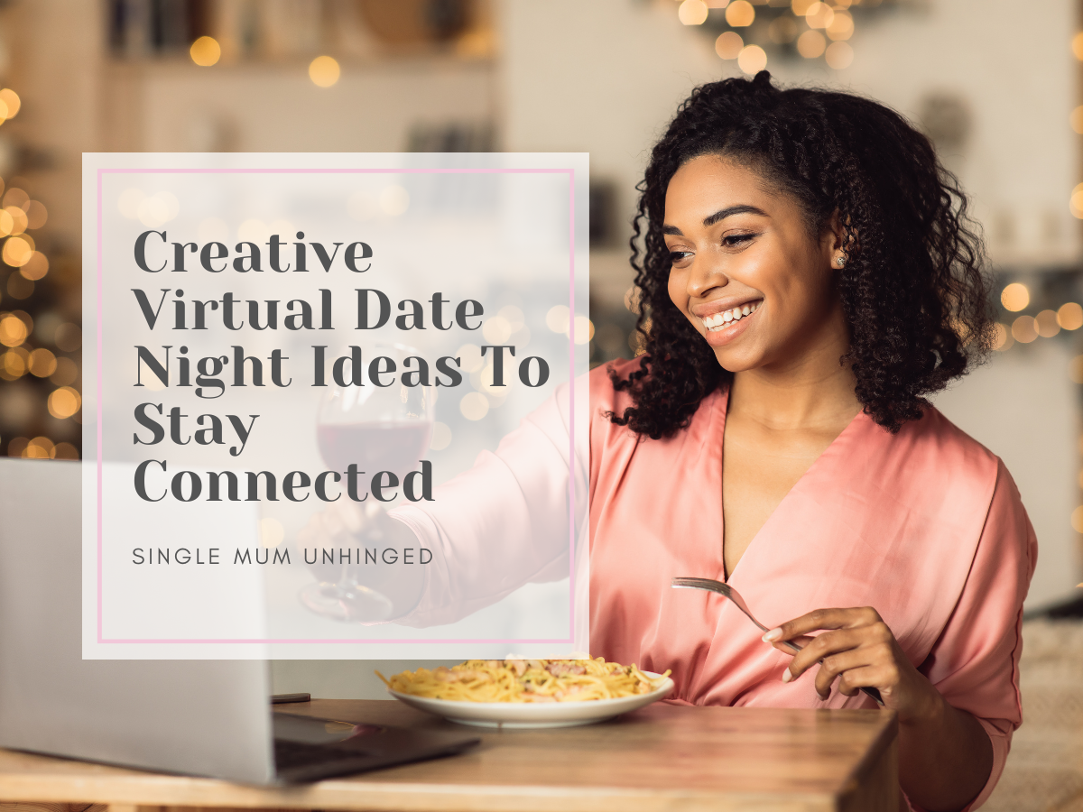 woman in pink top holding up a glass of red wine. text overlay reads creative virtual date night ideas to stay connected.